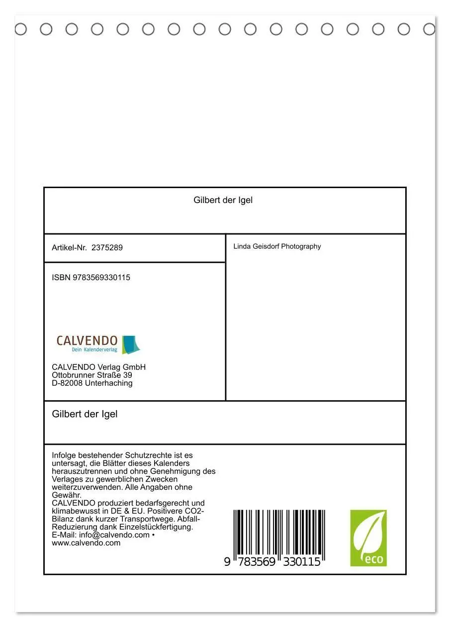 Bild: 9783569330115 | Gilbert der Igel (Tischkalender 2027 DIN A5 hoch), CALVENDO...