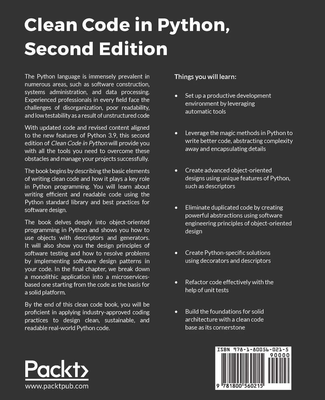 Rückseite: 9781800560215 | Clean Code in Python - Second Edition | Mariano Anaya | Taschenbuch