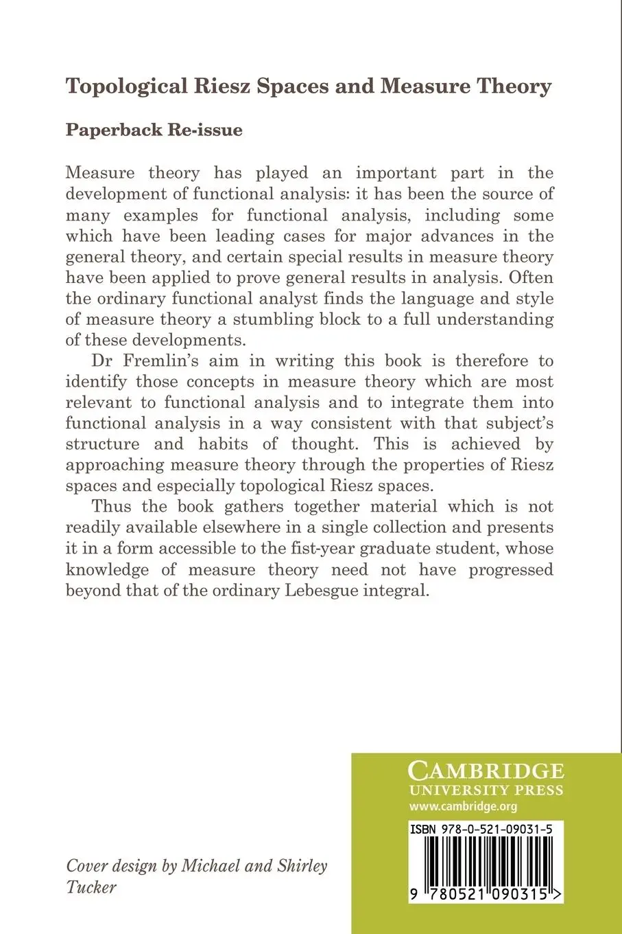 Rückseite: 9780521090315 | Topological Riesz Spaces and Measure Theory | D. H. Fremlin | Buch