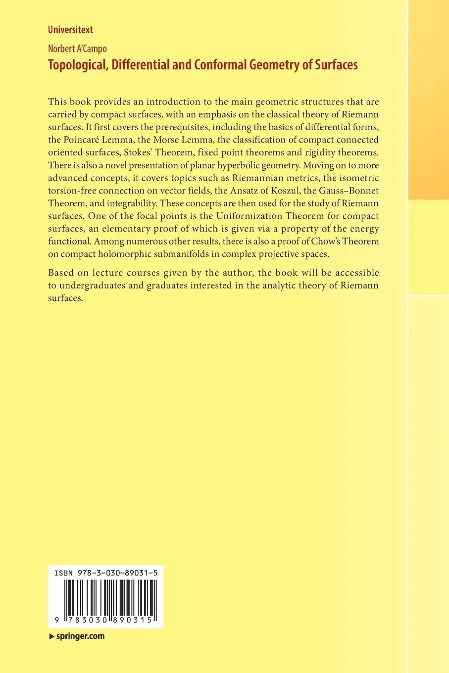 Rückseite: 9783030890315 | Topological, Differential and Conformal Geometry of Surfaces | A'Campo
