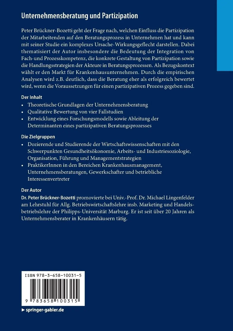 Rückseite: 9783658100315 | Unternehmensberatung und Partizipation | Peter Brückner-Bozetti | Buch