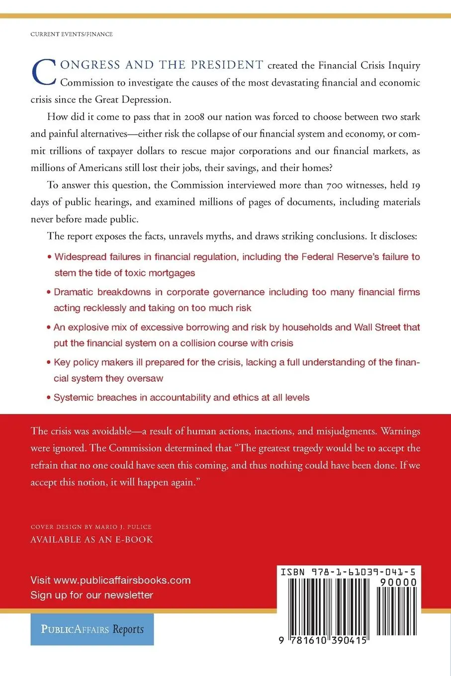 Rückseite: 9781610390415 | The Financial Crisis Inquiry Report, Authorized Edition | Commission