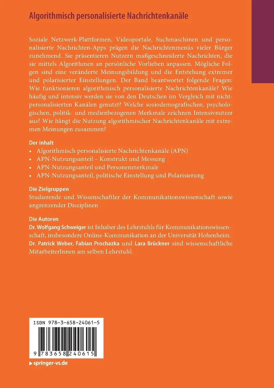 Rückseite: 9783658240615 | Algorithmisch personalisierte Nachrichtenkanäle | Schweiger (u. a.)