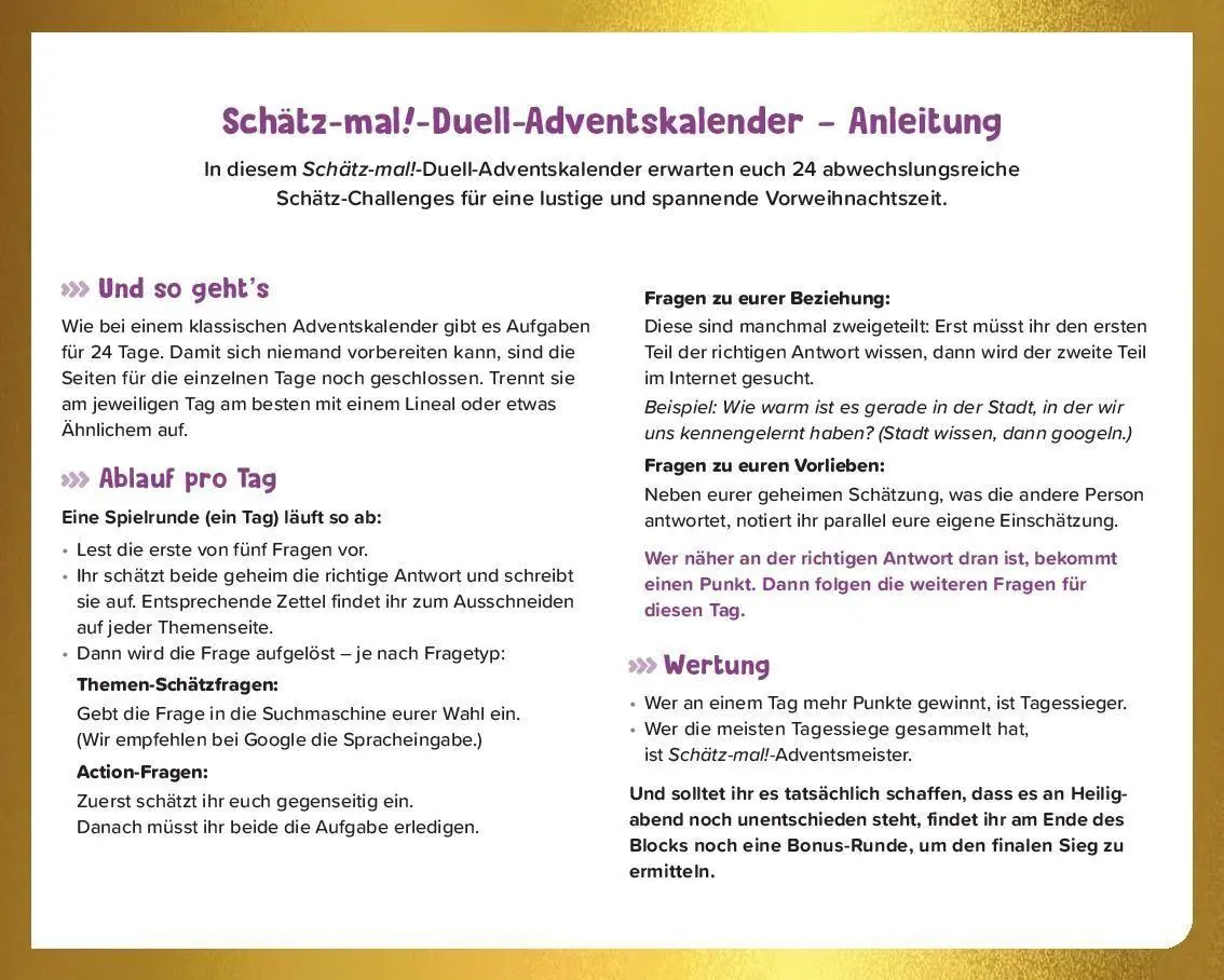 Bild: 9783989760615 | Schätz mal! Das Adventskalender-Duell | 24 Challenges für Paare | Buch