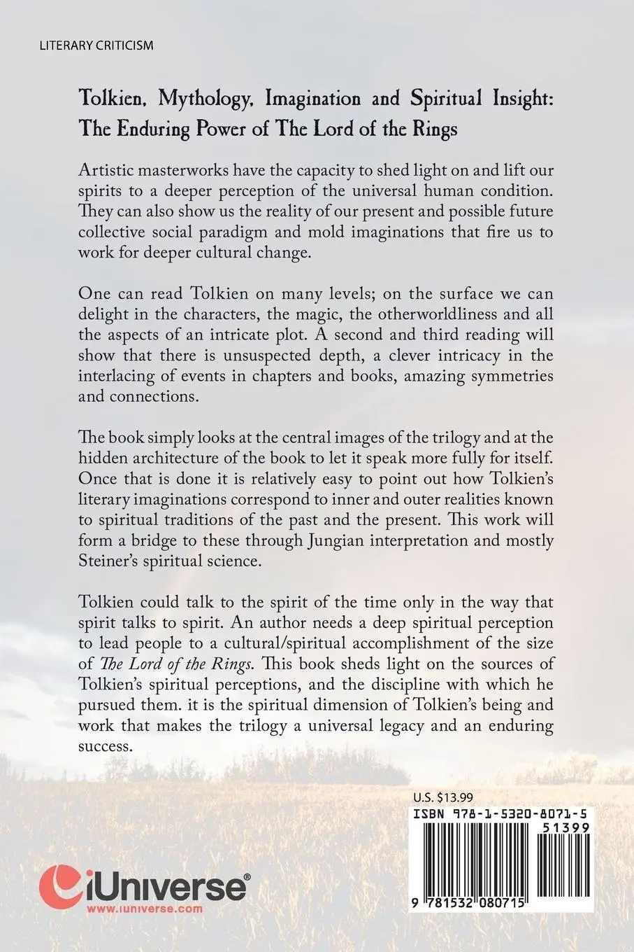 Rückseite: 9781532080715 | Tolkien, Mythology, Imagination and Spiritual Insight | Luigi Morelli