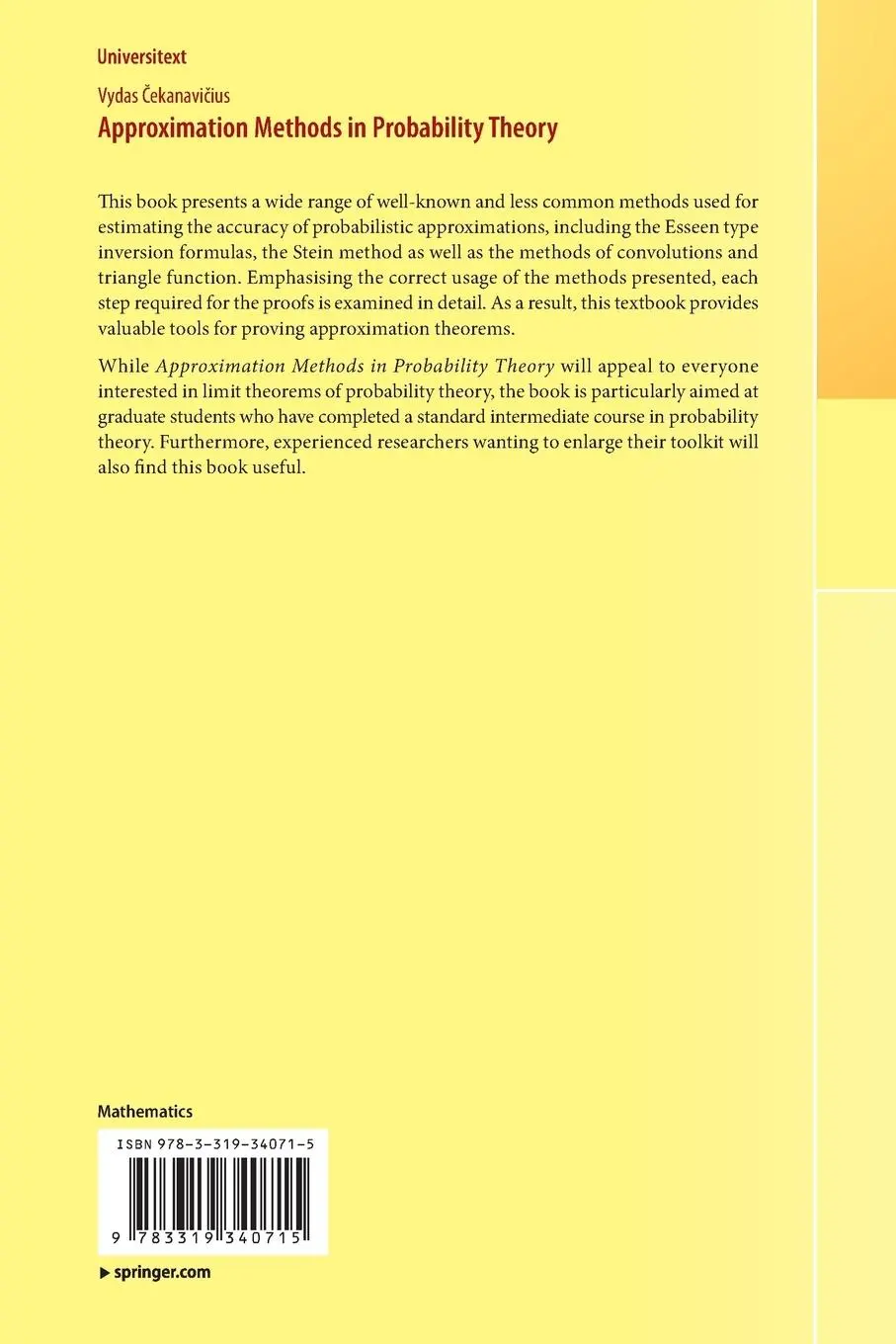 Rückseite: 9783319340715 | Approximation Methods in Probability Theory | Vydas ¿Ekanavi¿Ius | xii