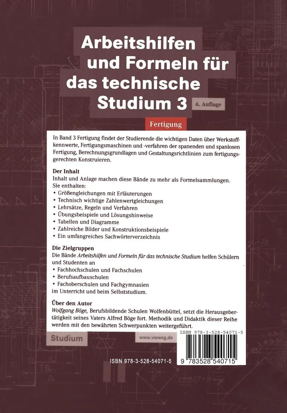 Rückseite: 9783528540715 | Arbeitshilfen und Formeln für das technische Studium 3 | Fertigung