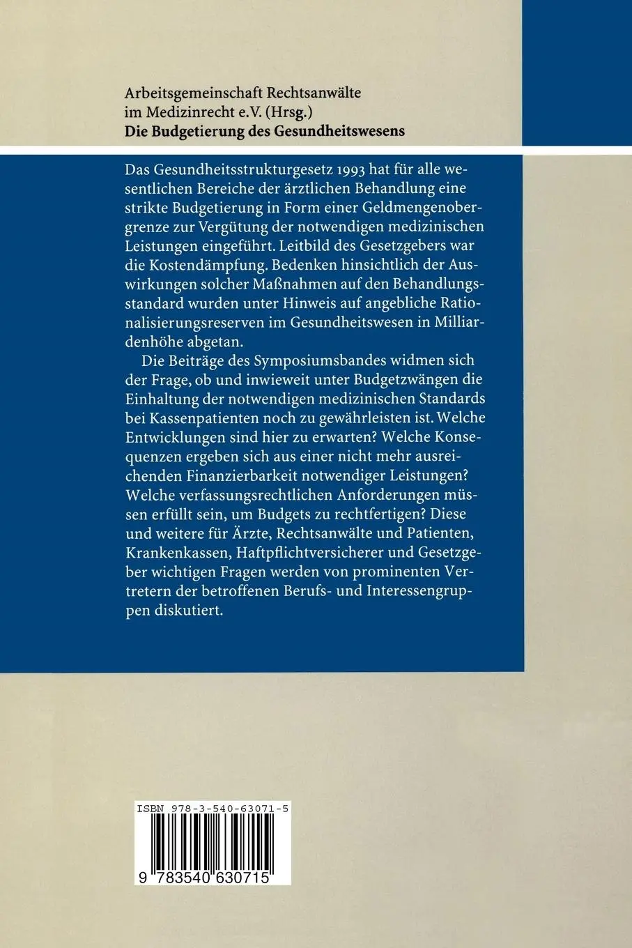 Rückseite: 9783540630715 | Die Budgetierung des Gesundheitswesens | V. | Taschenbuch | x | 1997