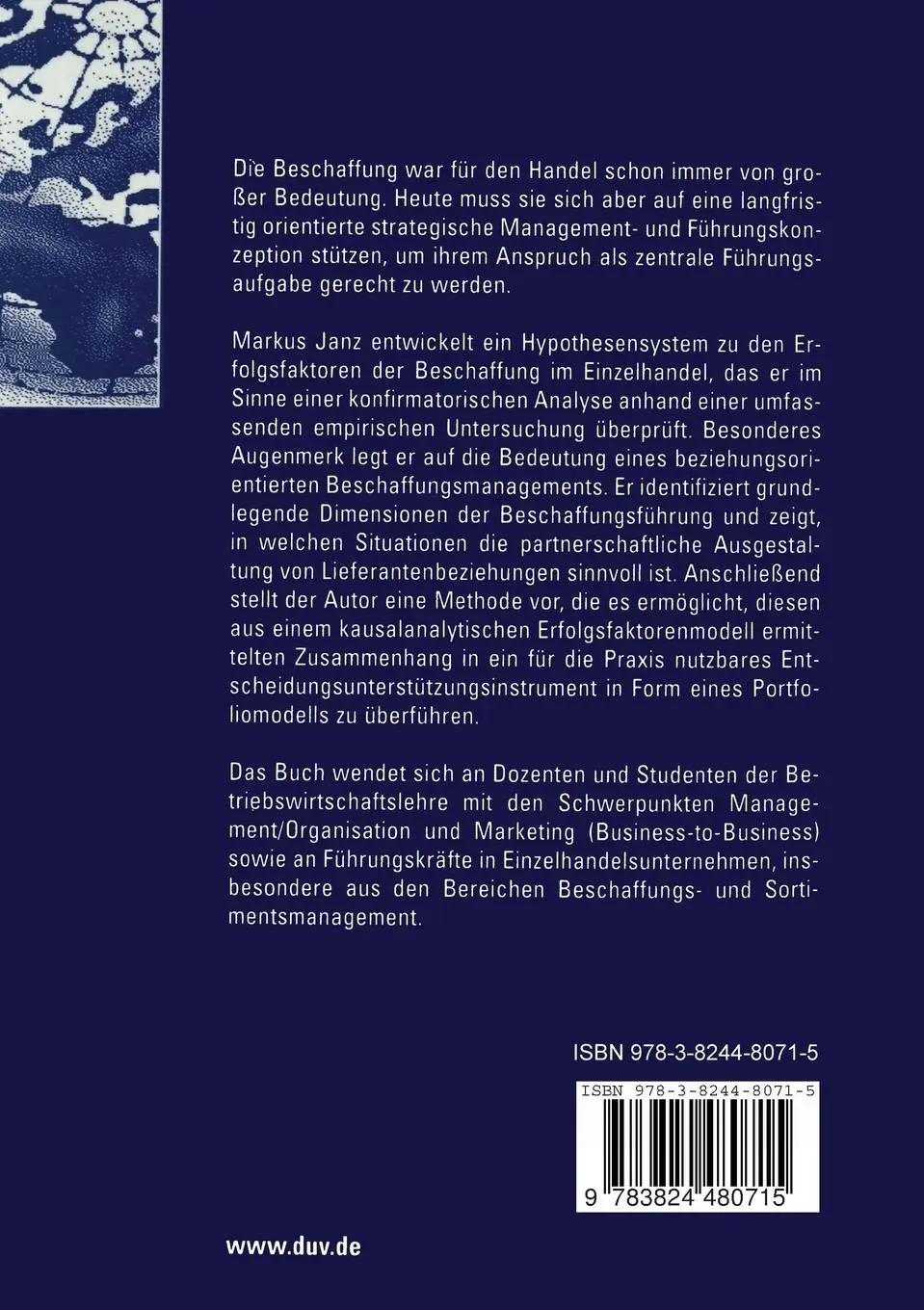 Rückseite: 9783824480715 | Erfolgsfaktoren der Beschaffung im Einzelhandel | Markus Janz | Buch