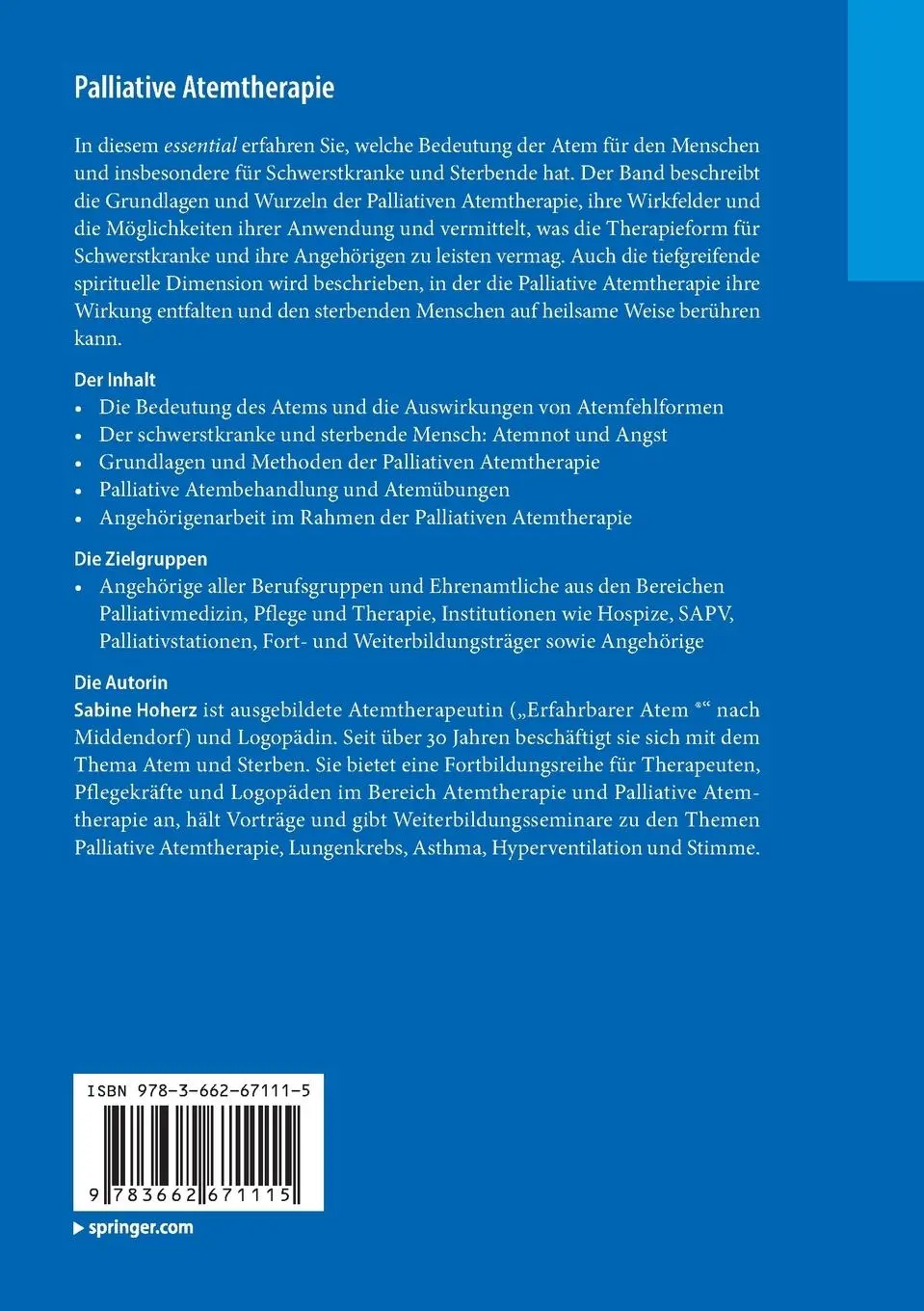 Rückseite: 9783662671115 | Palliative Atemtherapie | Sabine Hoherz | Taschenbuch | xi | Deutsch