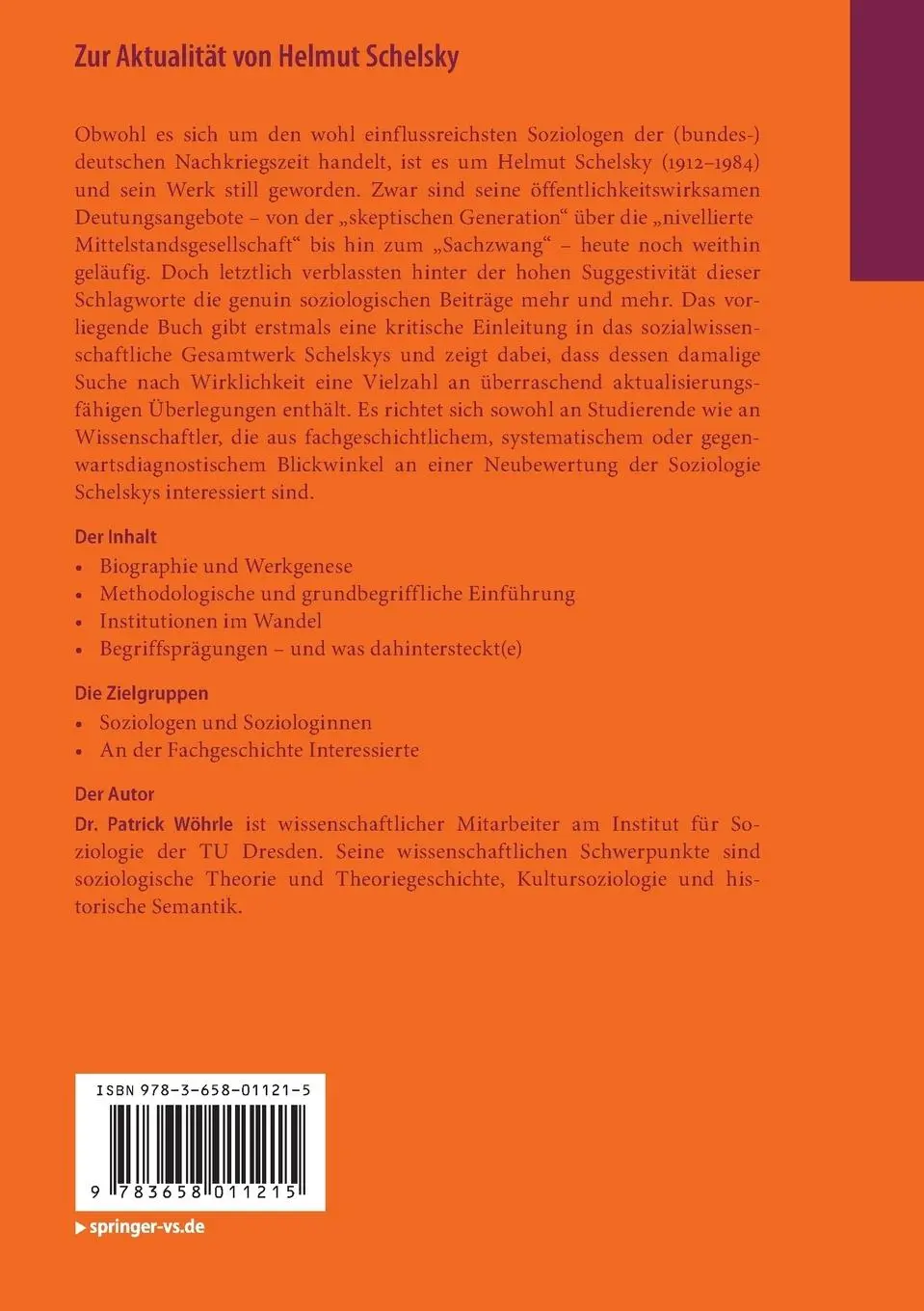Rückseite: 9783658011215 | Zur Aktualität von Helmut Schelsky | Einleitung in sein Werk | Wöhrle