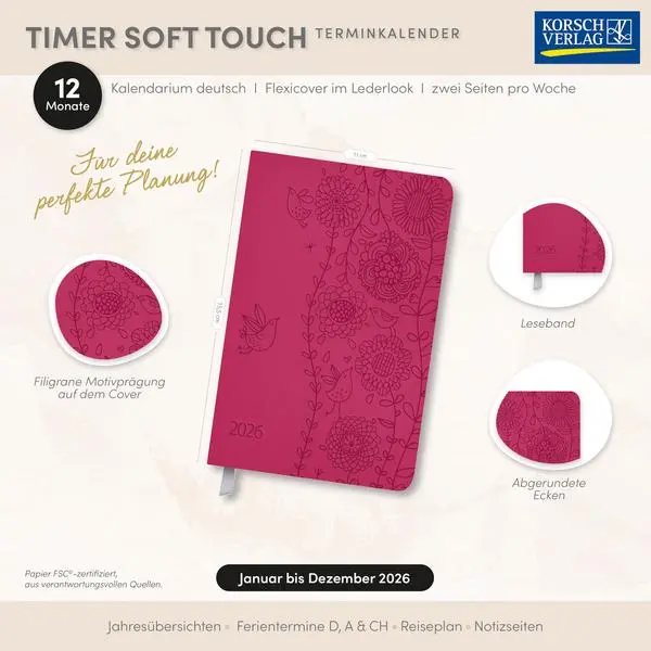 Bild: 9783731891215 | Timer Soft Touch pink 2026 | Verlag Korsch | Buch | 128 S. | Deutsch
