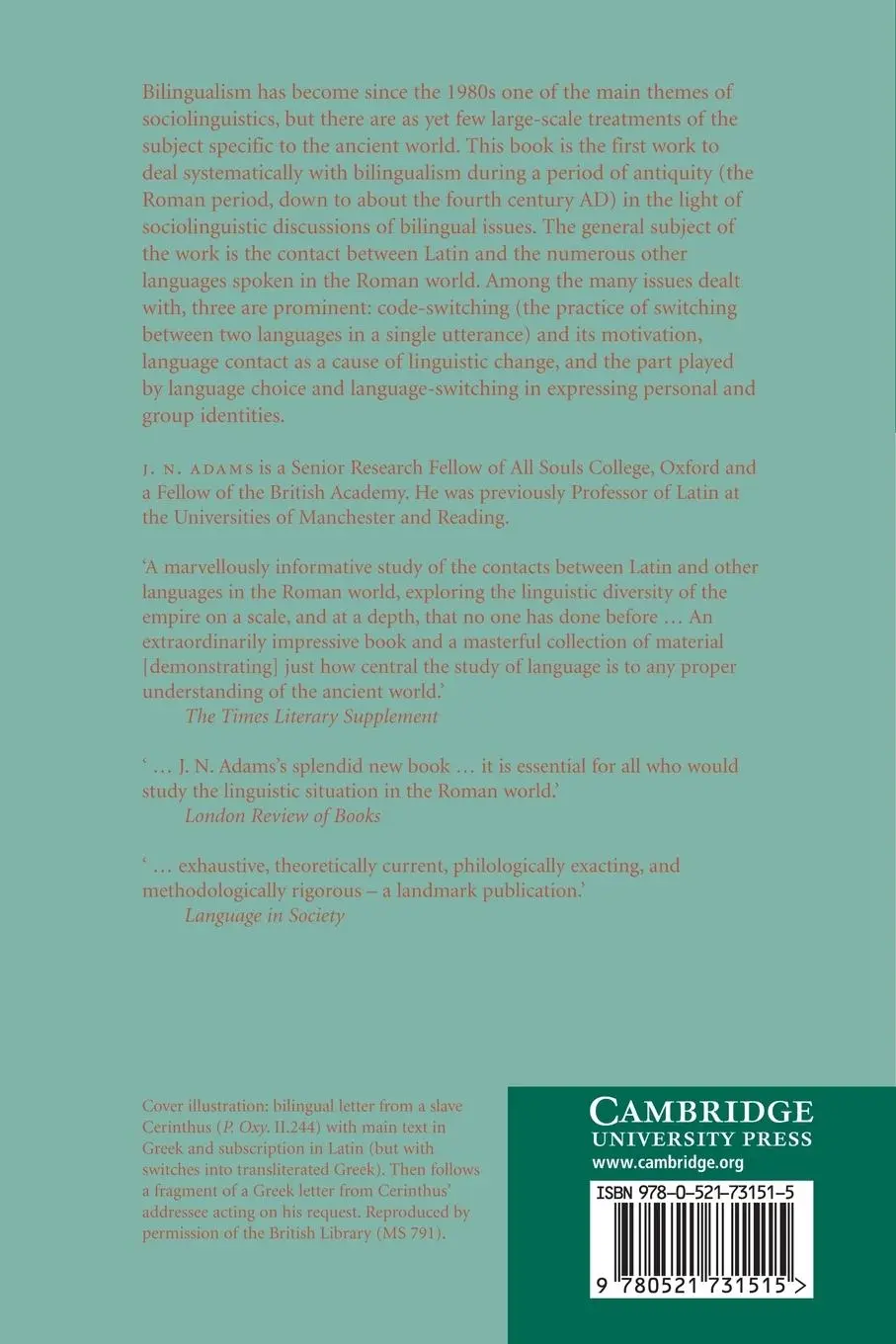 Rückseite: 9780521731515 | Bilingualism and the Latin Language | J. N. Adams | Taschenbuch | 2014