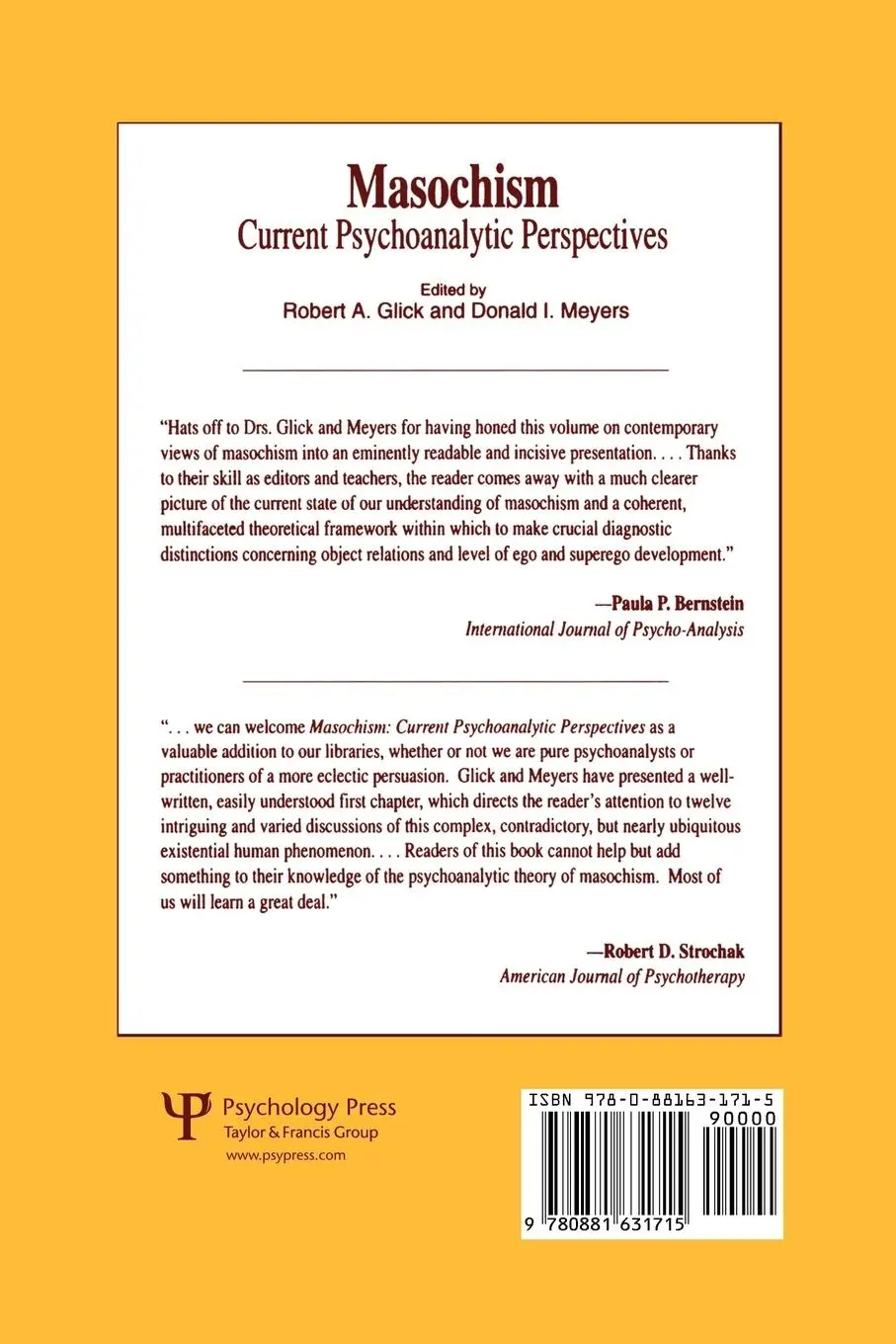 Rückseite: 9780881631715 | Masochism | Current Psychoanalytic Perspectives | Glick (u. a.) | Buch