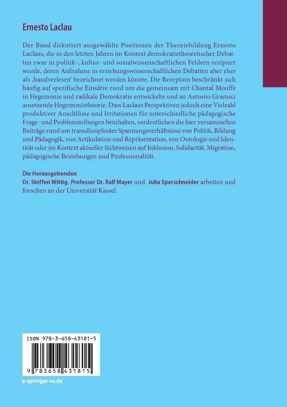 Rückseite: 9783658431815 | Ernesto Laclau | Pädagogische Lektüren | Steffen Wittig (u. a.) | Buch