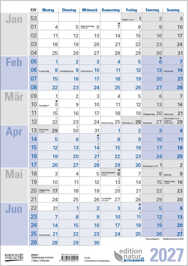 Bild: 9783819302015 | Tafelkal. A4 Hochformat 2027 | Korsch Verlag | Kalender | 1 S. | 2027