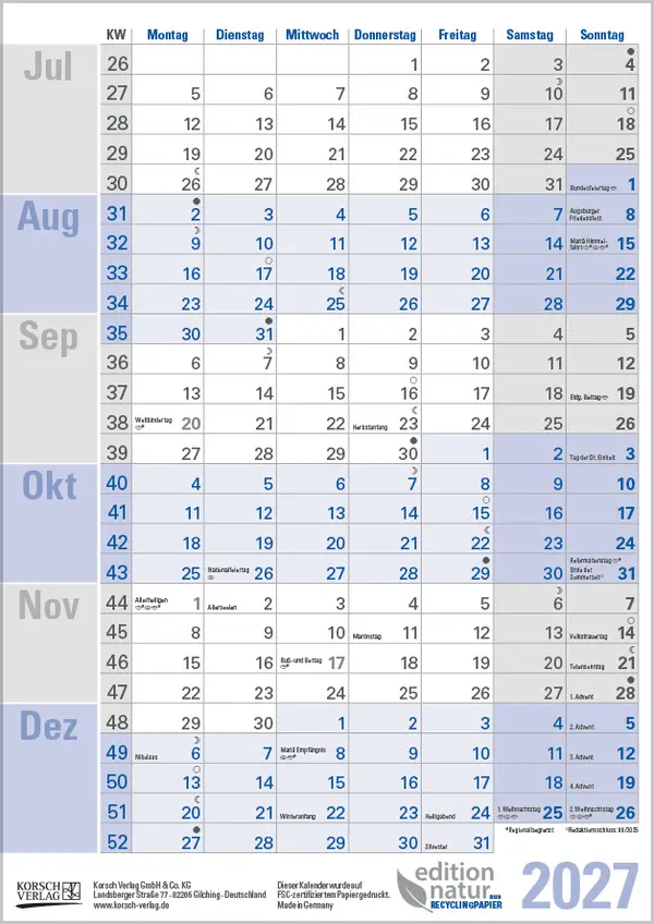 Bild: 9783819302015 | Tafelkal. A4 Hochformat 2027 | Korsch Verlag | Kalender | 1 S. | 2027