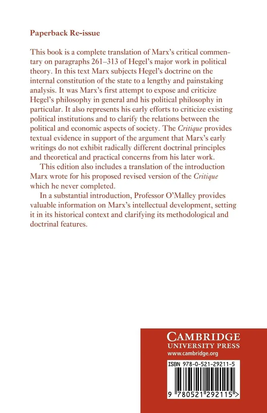 Rückseite: 9780521292115 | Critique of Hegel's 'Philosophy of Right' | Karl Marx (u. a.) | Buch