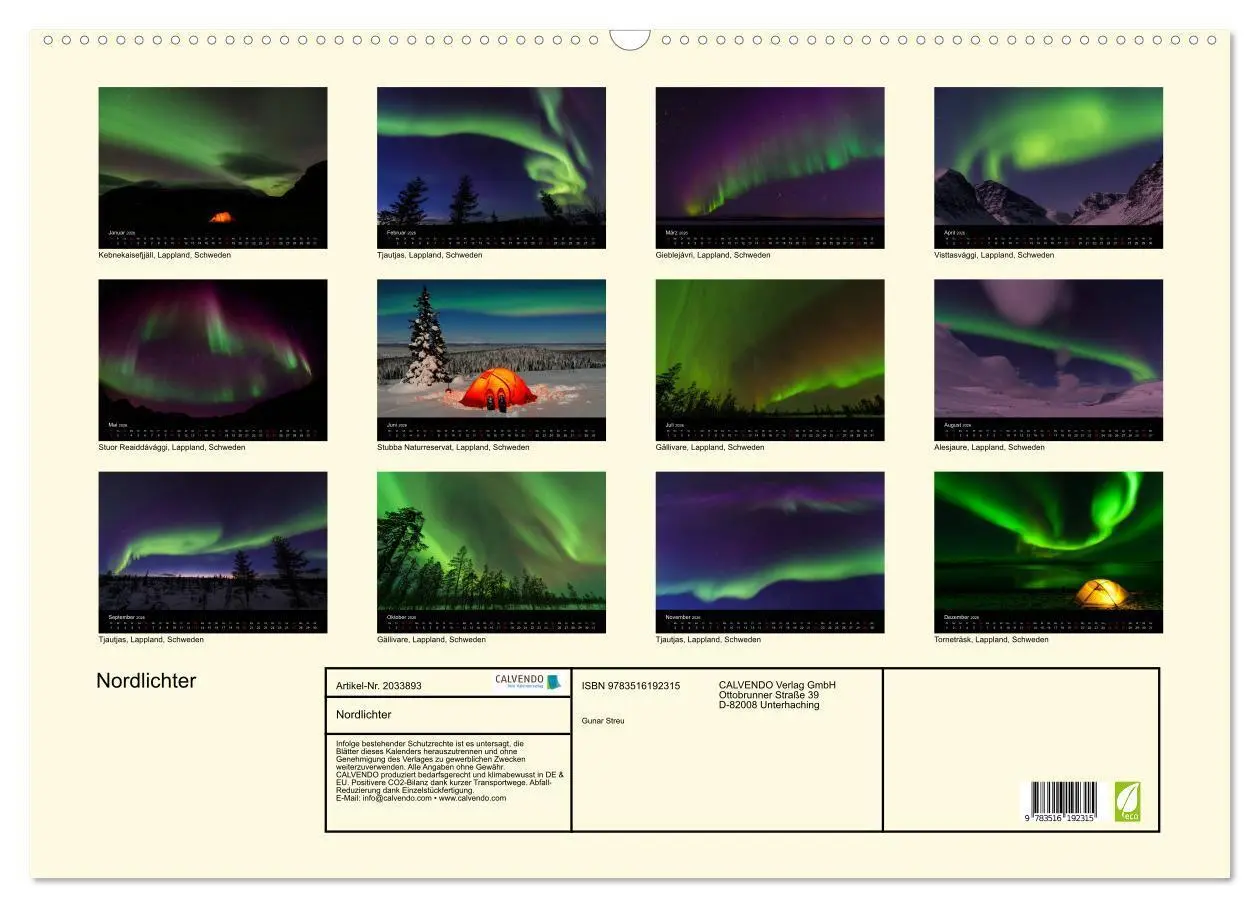Bild: 9783516192315 | Nordlichter (Wandkalender 2026 DIN A2 quer), CALVENDO Monatskalender