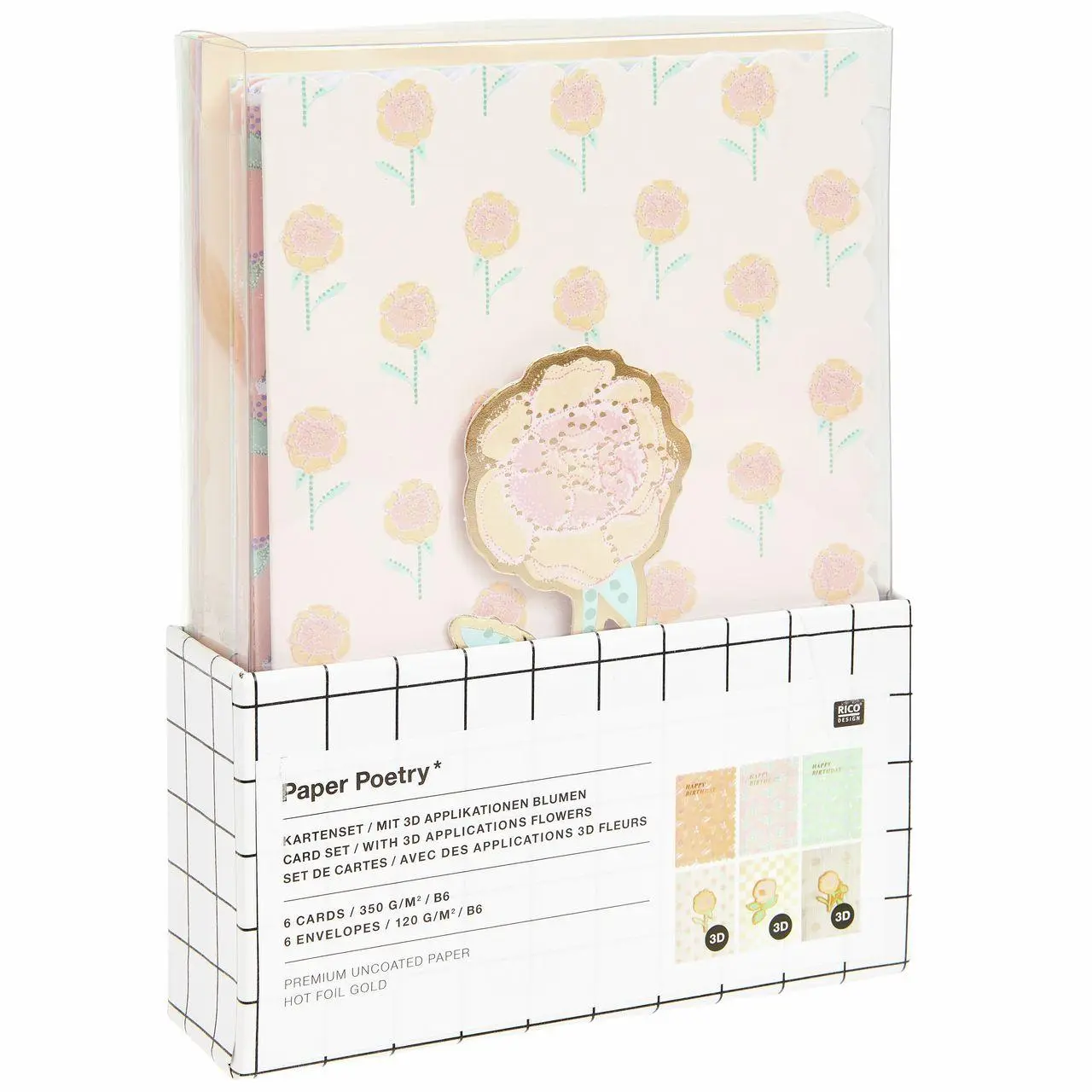 3D-Kartenset Blumen / Happy Birthday, B6 FSC MIX, 6 Karten, 6 Umschläge