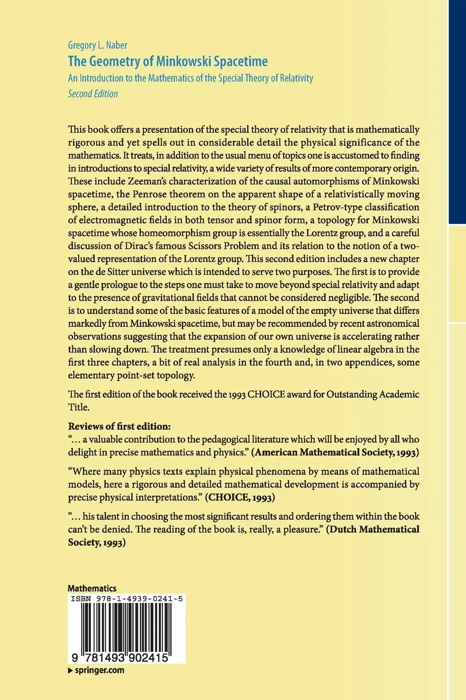 Rückseite: 9781493902415 | The Geometry of Minkowski Spacetime | Gregory L. Naber | Taschenbuch