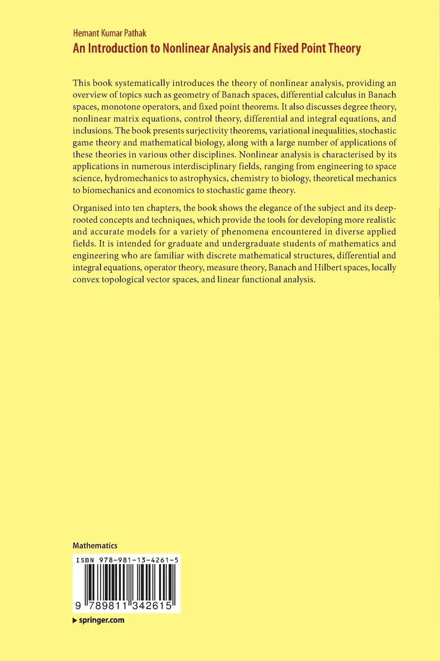 Rückseite: 9789811342615 | An Introduction to Nonlinear Analysis and Fixed Point Theory | Pathak