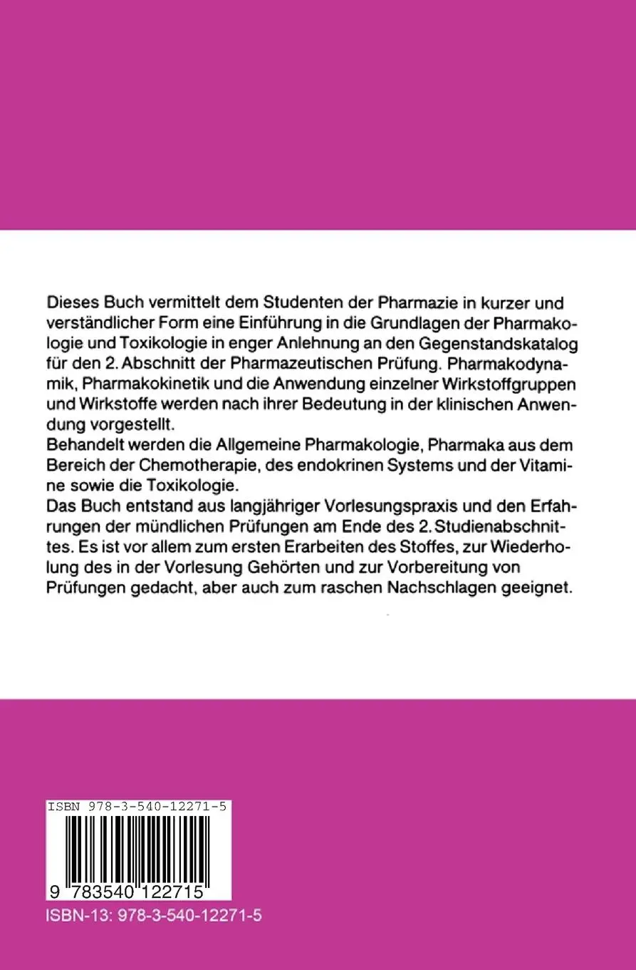 Rückseite: 9783540122715 | Allgemeine und spezielle Pharmakologie und Toxikologie | E. Oberdisse