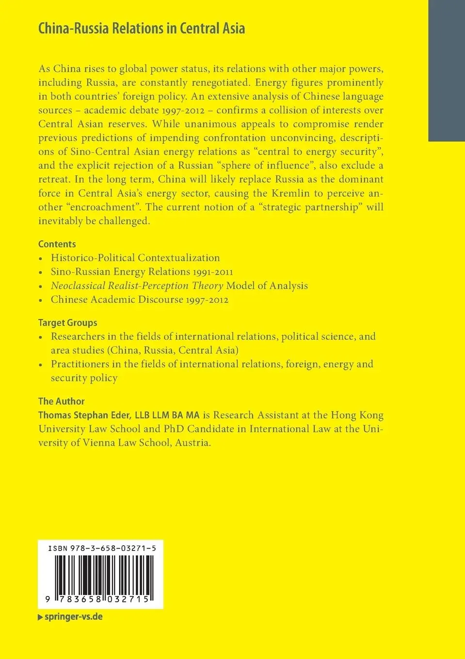 Rückseite: 9783658032715 | China-Russia Relations in Central Asia | Thomas Stephan Eder | Buch