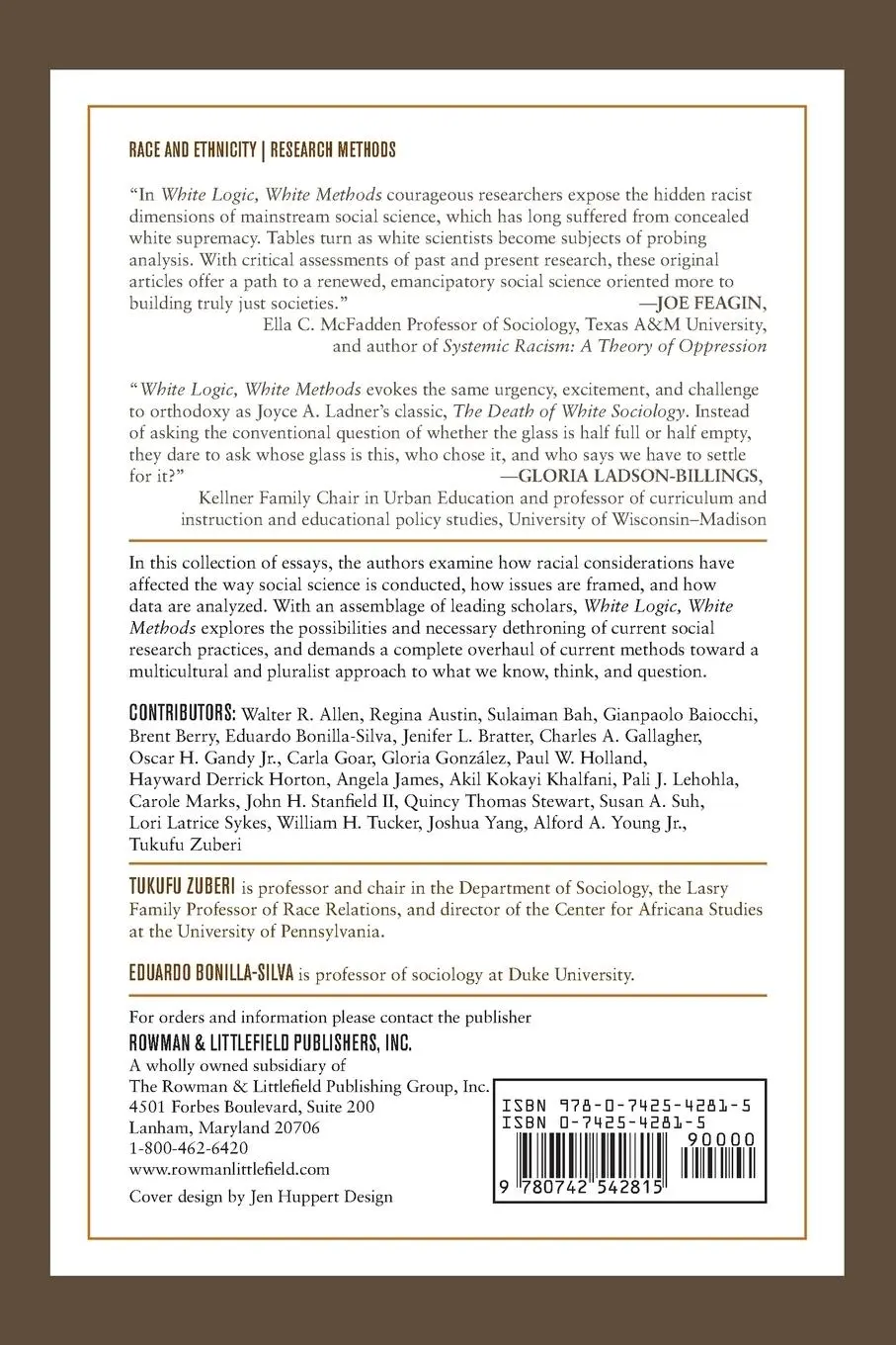 Rückseite: 9780742542815 | White Logic, White Methods | Racism and Methodology | Zuberi (u. a.)