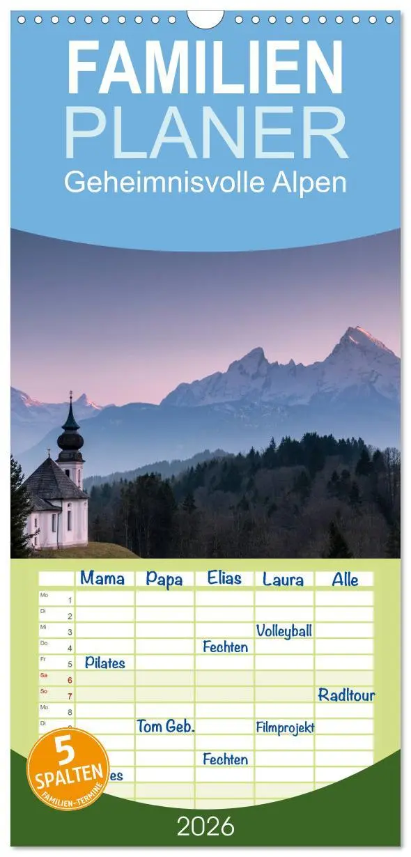 Cover: 9783516512915 | Familienplaner 2026 - Geheimnisvolle Alpen mit 5 Spalten...