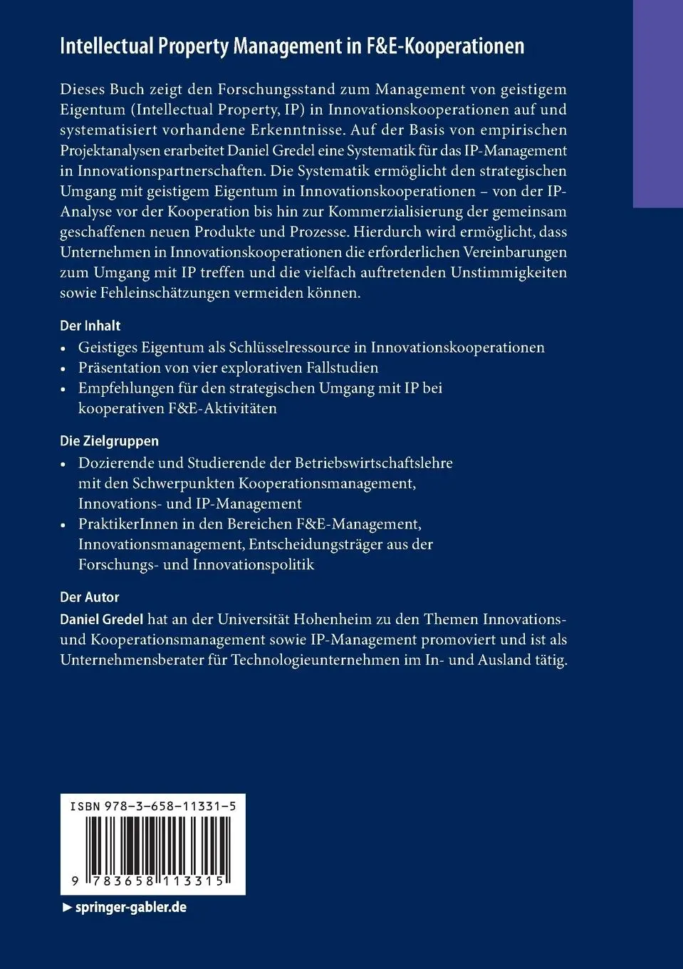 Rückseite: 9783658113315 | Intellectual Property Management in F&amp;E-Kooperationen | Daniel Gredel