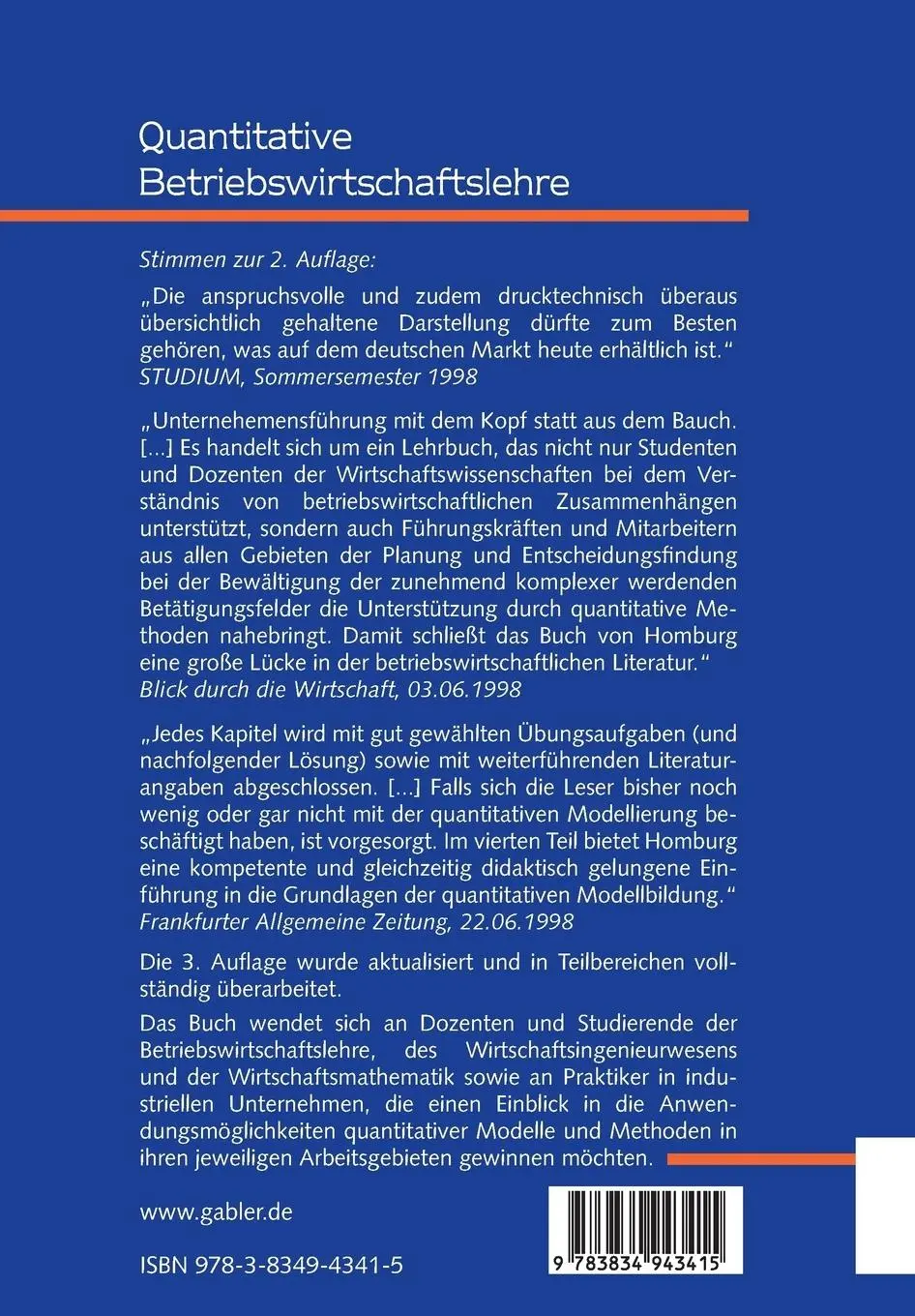 Rückseite: 9783834943415 | Quantitative Betriebswirtschaftslehre | Christian Homburg | Buch | xxv