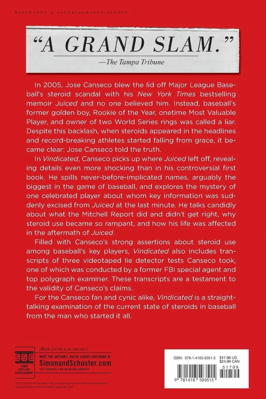 Rückseite: 9781416593515 | Vindicated | Jose Canseco | Taschenbuch | No Series | Englisch | 2009
