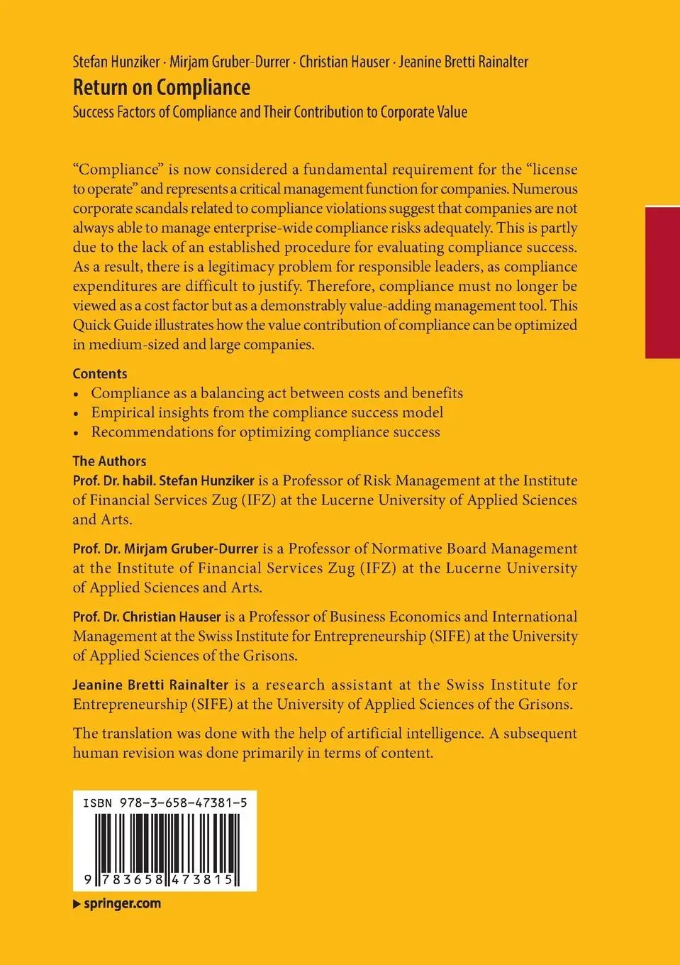 Rückseite: 9783658473815 | Return on Compliance | Stefan Hunziker (u. a.) | Taschenbuch | x