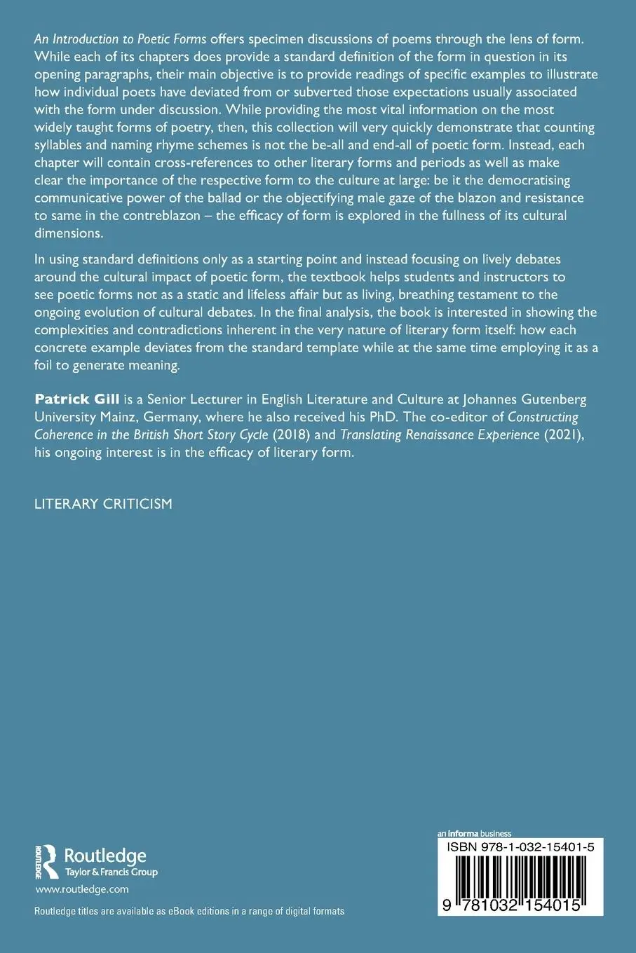 Rückseite: 9781032154015 | An Introduction to Poetic Forms | Patrick Gill | Taschenbuch | 2022