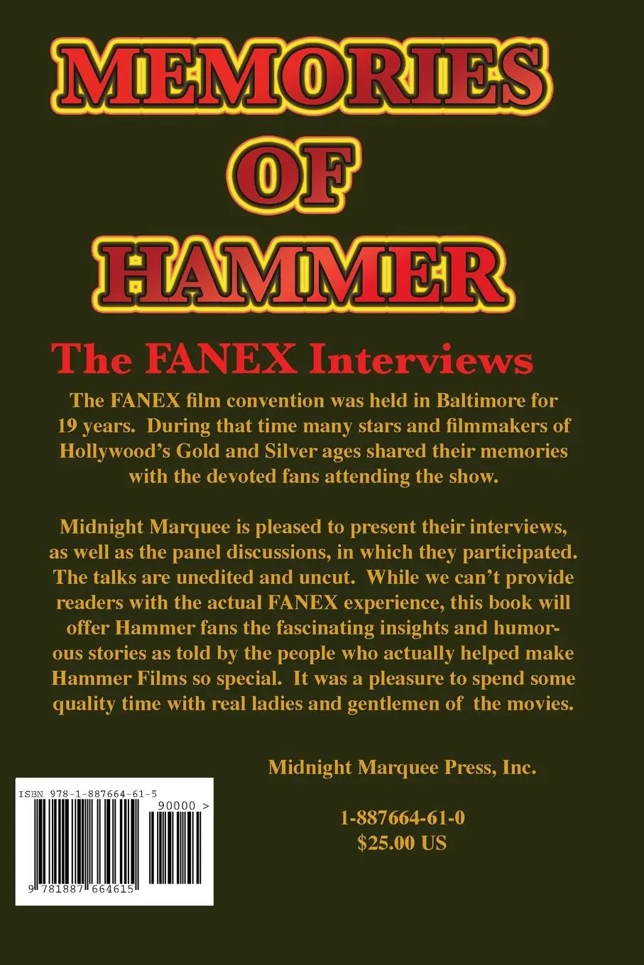 Rückseite: 9781887664615 | Memories of Hammer | The Fanex Interviews | Gary Svehla | Taschenbuch