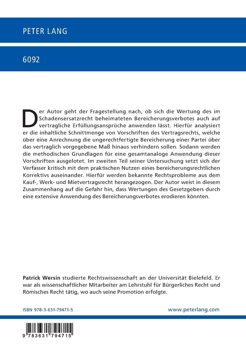 Rückseite: 9783631794715 | Das Bereicherungsverbot im Vertragsrecht | Patrick Wersin | Buch