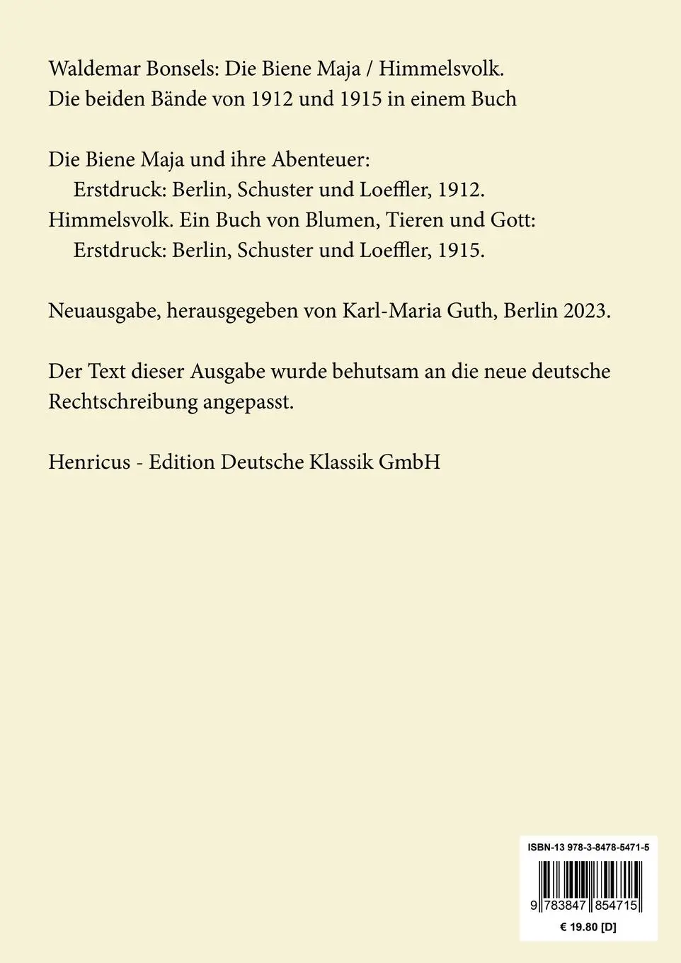 Rückseite: 9783847854715 | Die Biene Maja / Himmelsvolk (Großdruck) | Waldemar Bonsels | Buch