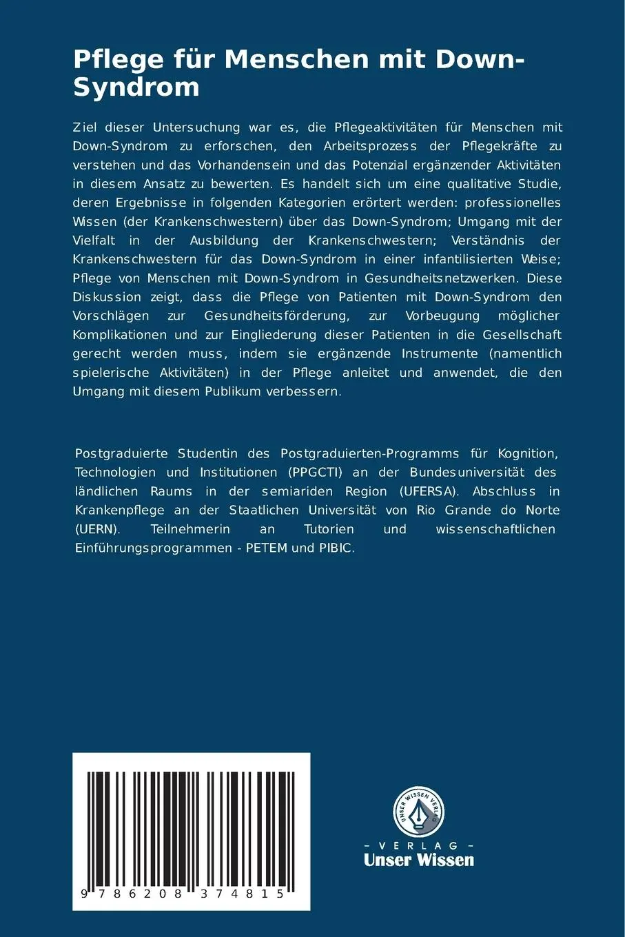 Rückseite: 9786208374815 | Pflege für Menschen mit Down-Syndrom | Cindy Damaris Gomes Lira | Buch