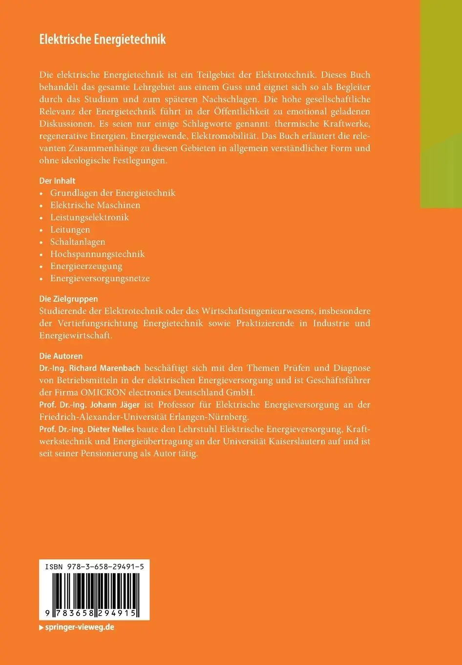 Rückseite: 9783658294915 | Elektrische Energietechnik | Richard Marenbach (u. a.) | Taschenbuch