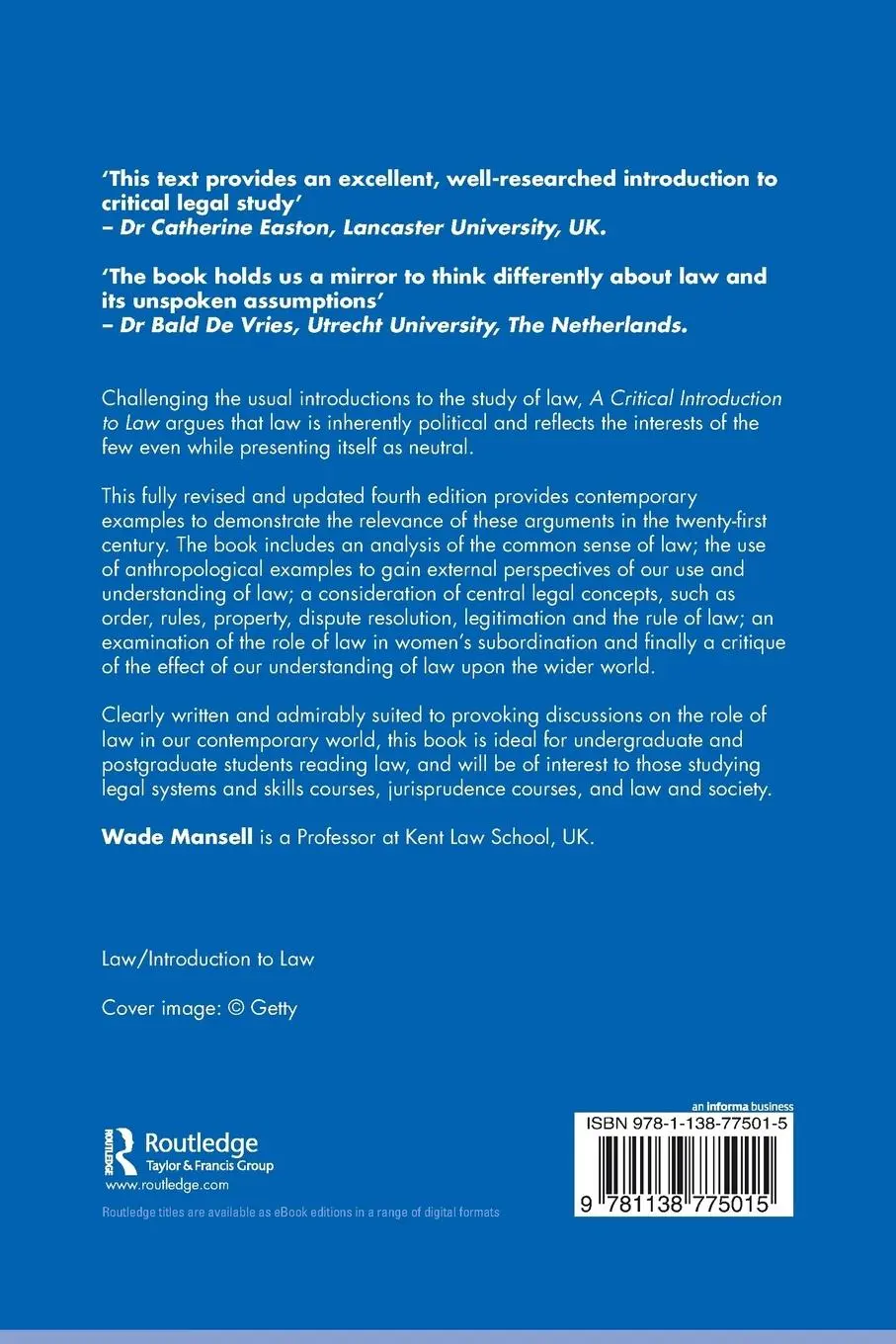 Rückseite: 9781138775015 | A Critical Introduction to Law | Wade Mansell (u. a.) | Taschenbuch