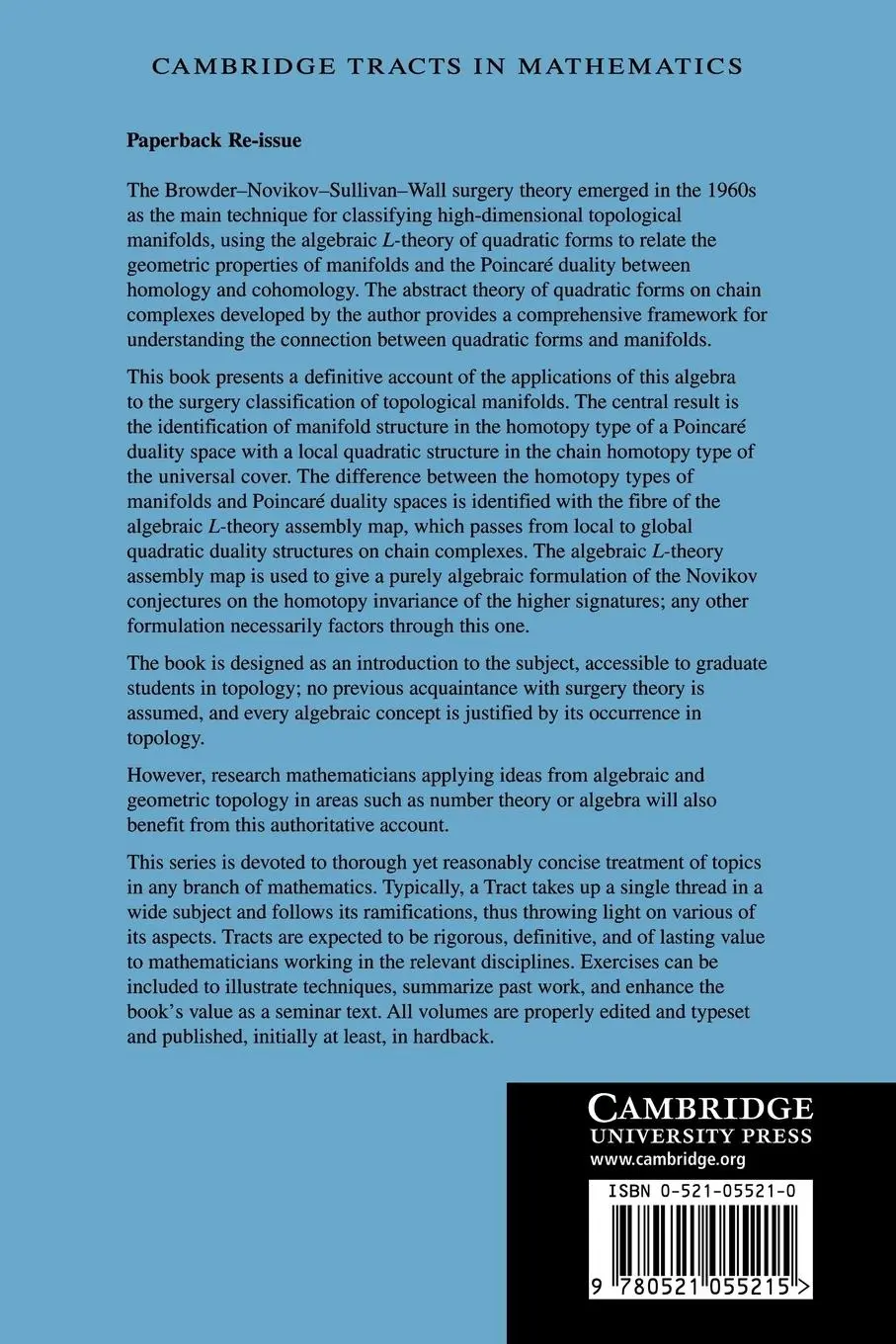 Rückseite: 9780521055215 | Algebraic L-Theory and Topological Manifolds | A. A. Ranicki | Buch