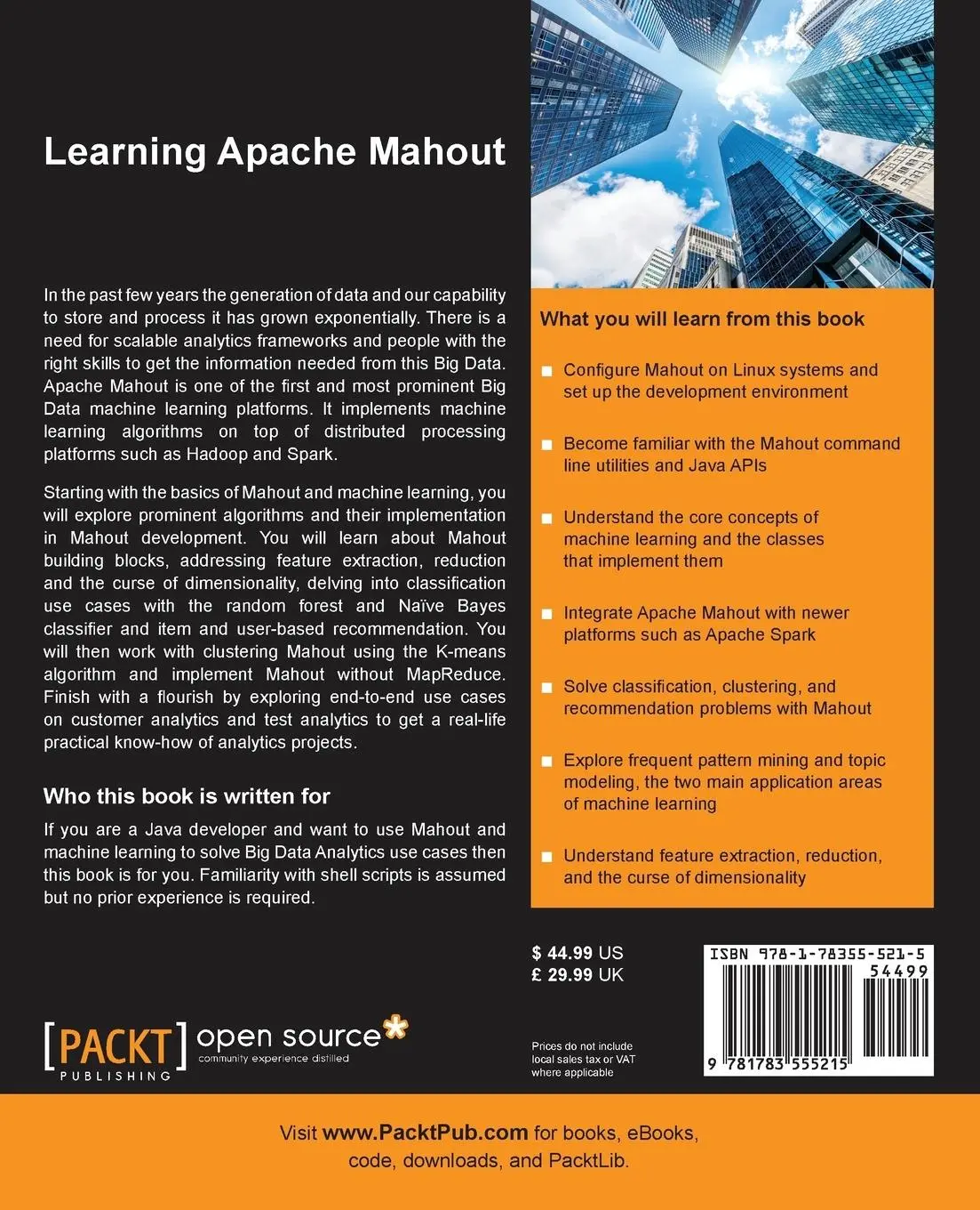 Rückseite: 9781783555215 | Learning Apache Mahout | Chandramani Tiwary | Taschenbuch | Englisch