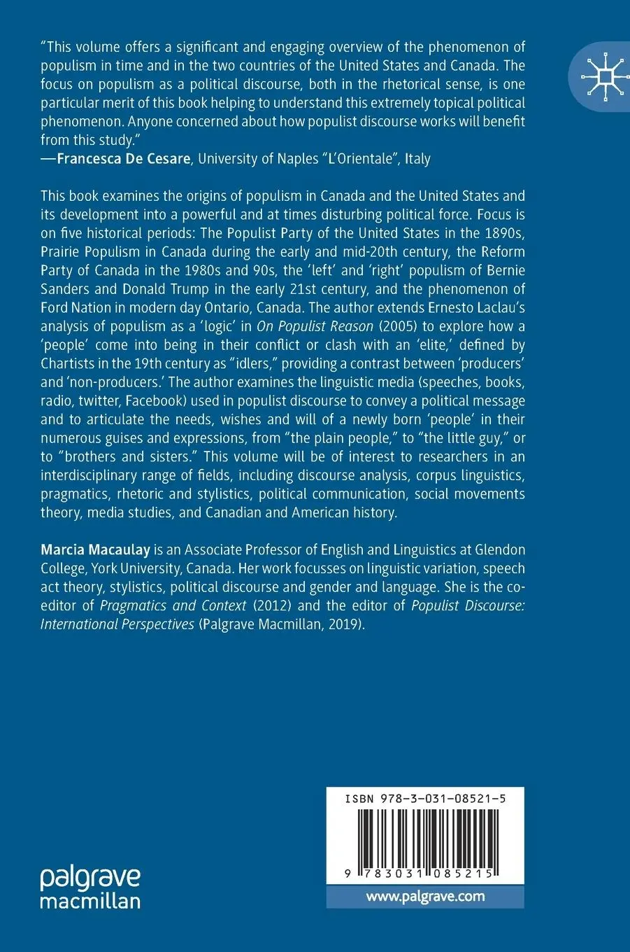 Rückseite: 9783031085215 | Populism and Populist Discourse in North America | Marcia Macaulay