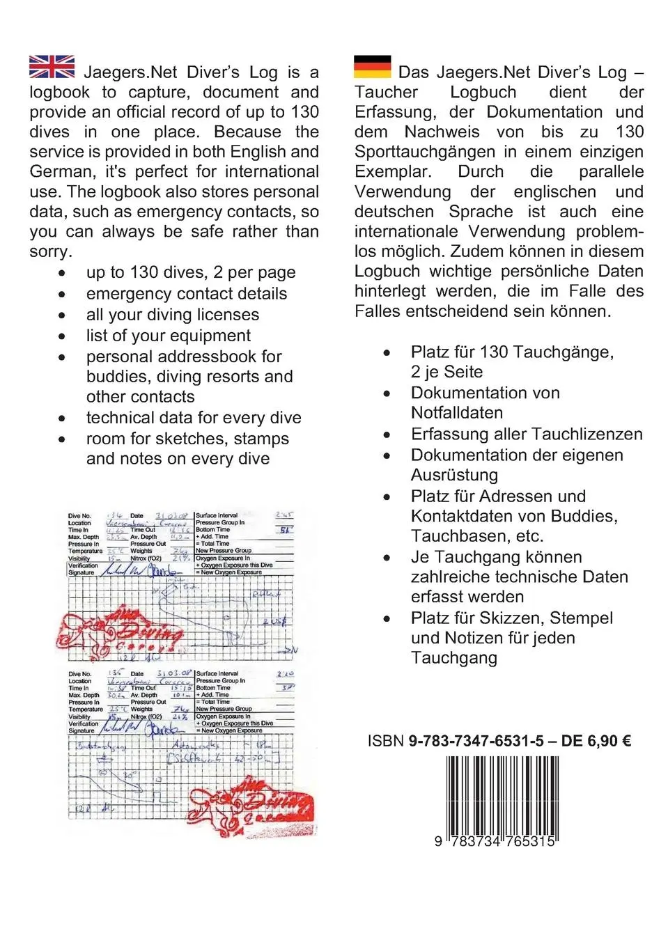 Rückseite: 9783734765315 | Jaegers.Net Diver's Log - Taucher Logbuch | Michael L. Jaegers | Buch