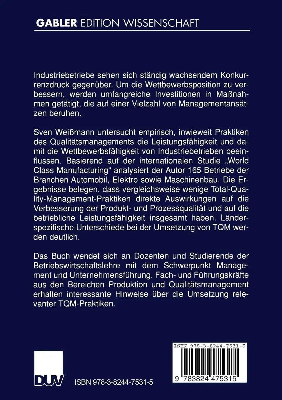 Rückseite: 9783824475315 | Total Quality Management für Industriebetriebe | Sven Weißmann | Buch