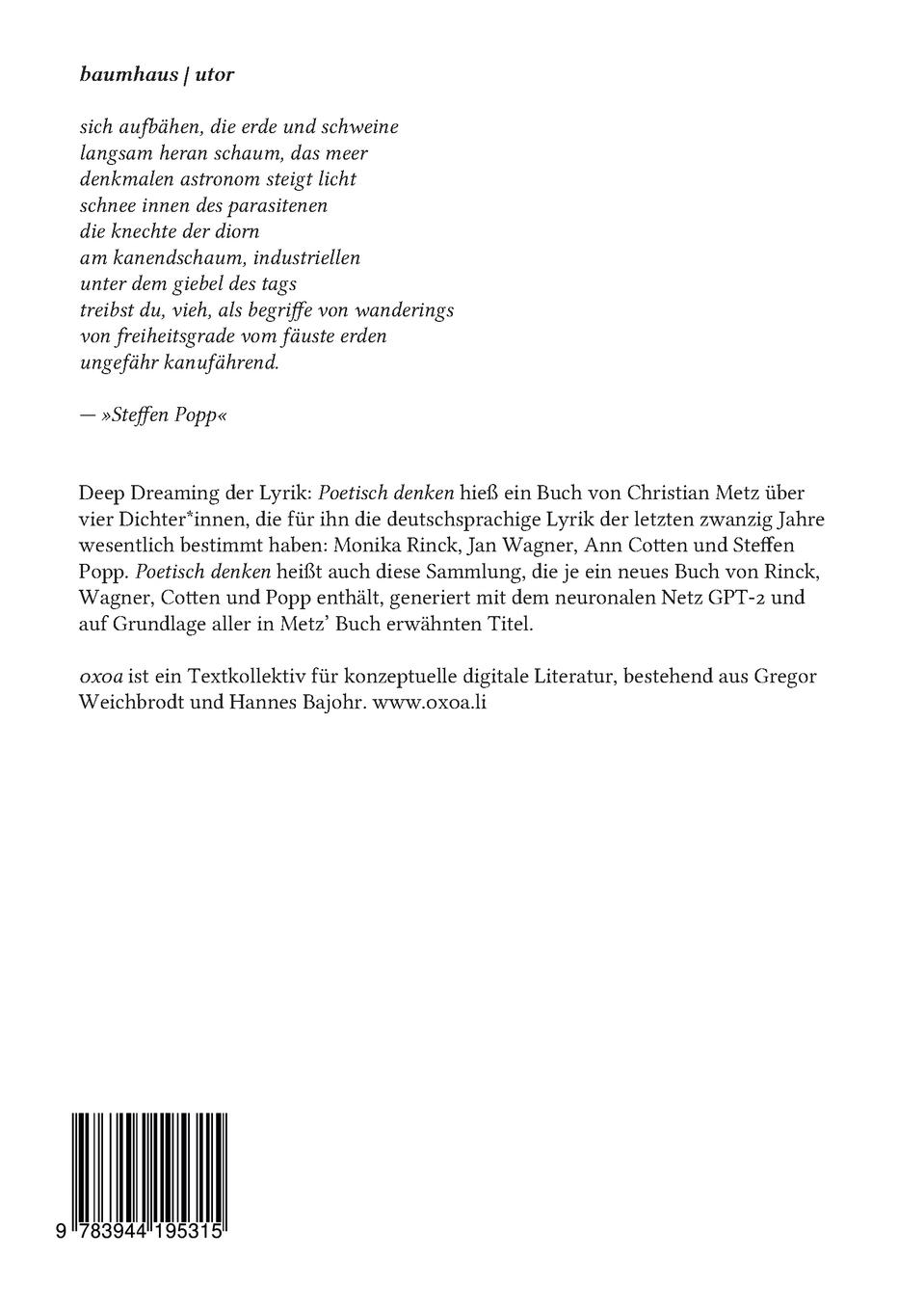 Rückseite: 9783944195315 | Poetisch denken 4: Steffen Popp | Xa (Hg. | Taschenbuch | Paperback
