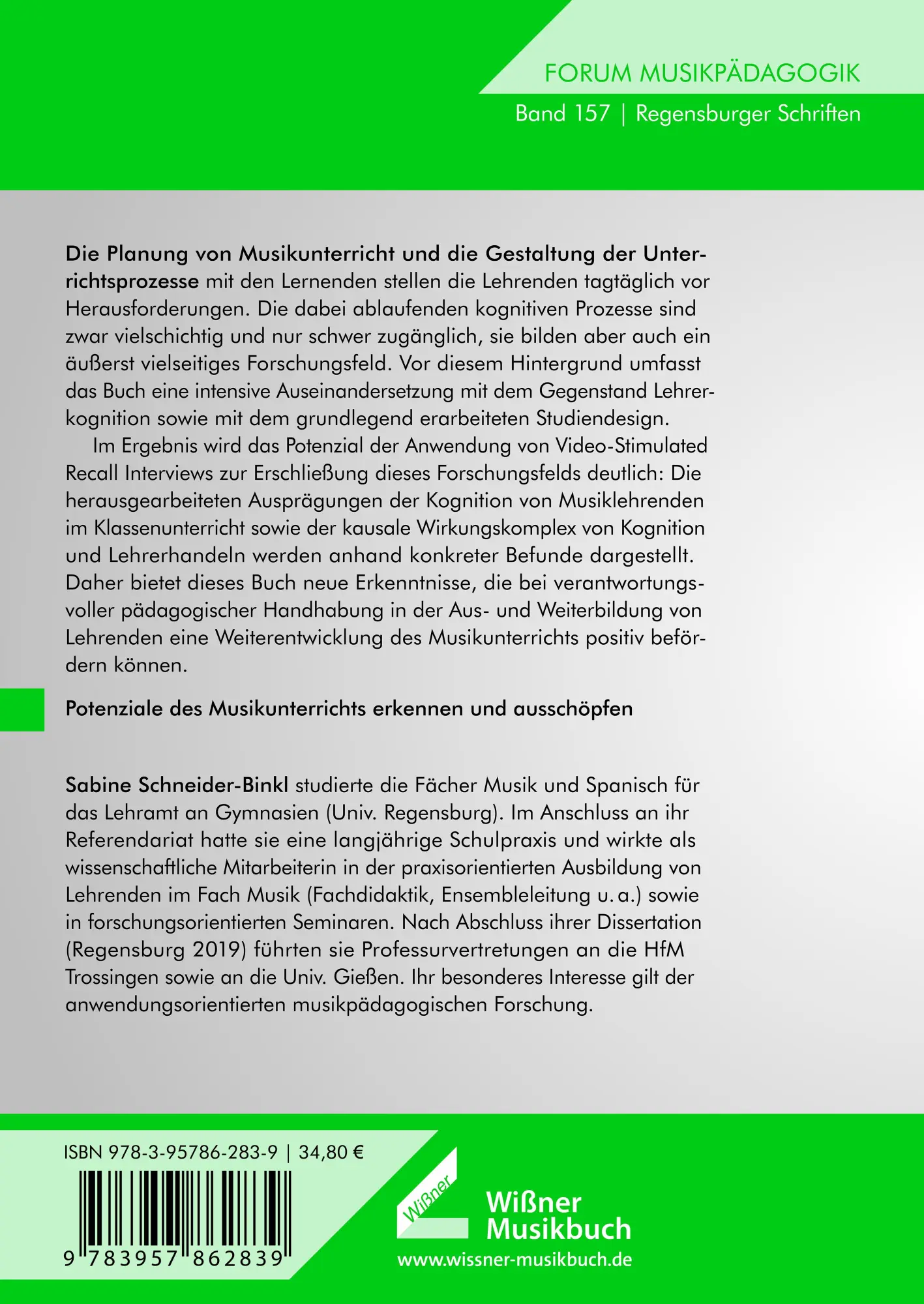 Rückseite: 9783990945315 | Lehrerkognition im Musikunterricht | Sabine Schneider-Binkl | Buch