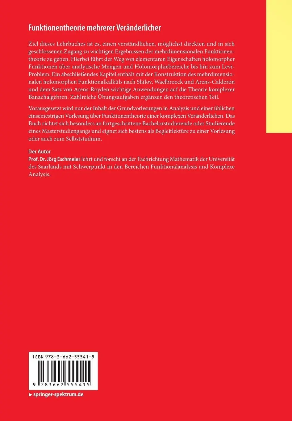 Rückseite: 9783662555415 | Funktionentheorie mehrerer Veränderlicher | Jörg Eschmeier | Buch