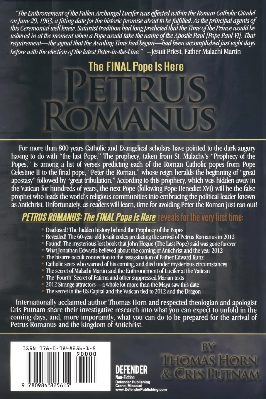Rückseite: 9780984825615 | Petrus Romanus | Final Pope is Here | Thomas Horn (u. a.) | Buch